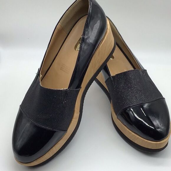 Platform New Shoes Black Patent Leather Slip On Style Woodgrain Wedge Size 8.5 - Picture 1 of 11